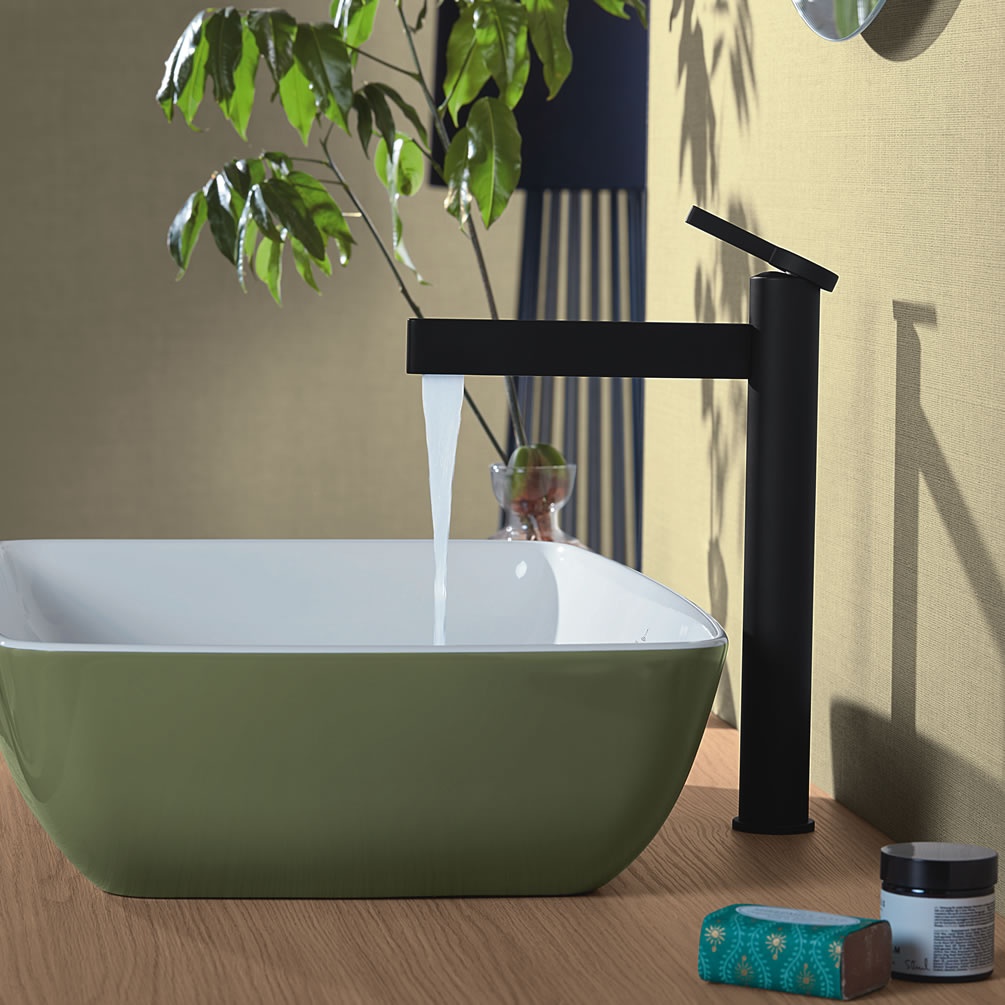 Lifestyle image of Villeroy & Boch Dawn Matt Black Slim Tall Basin Tap